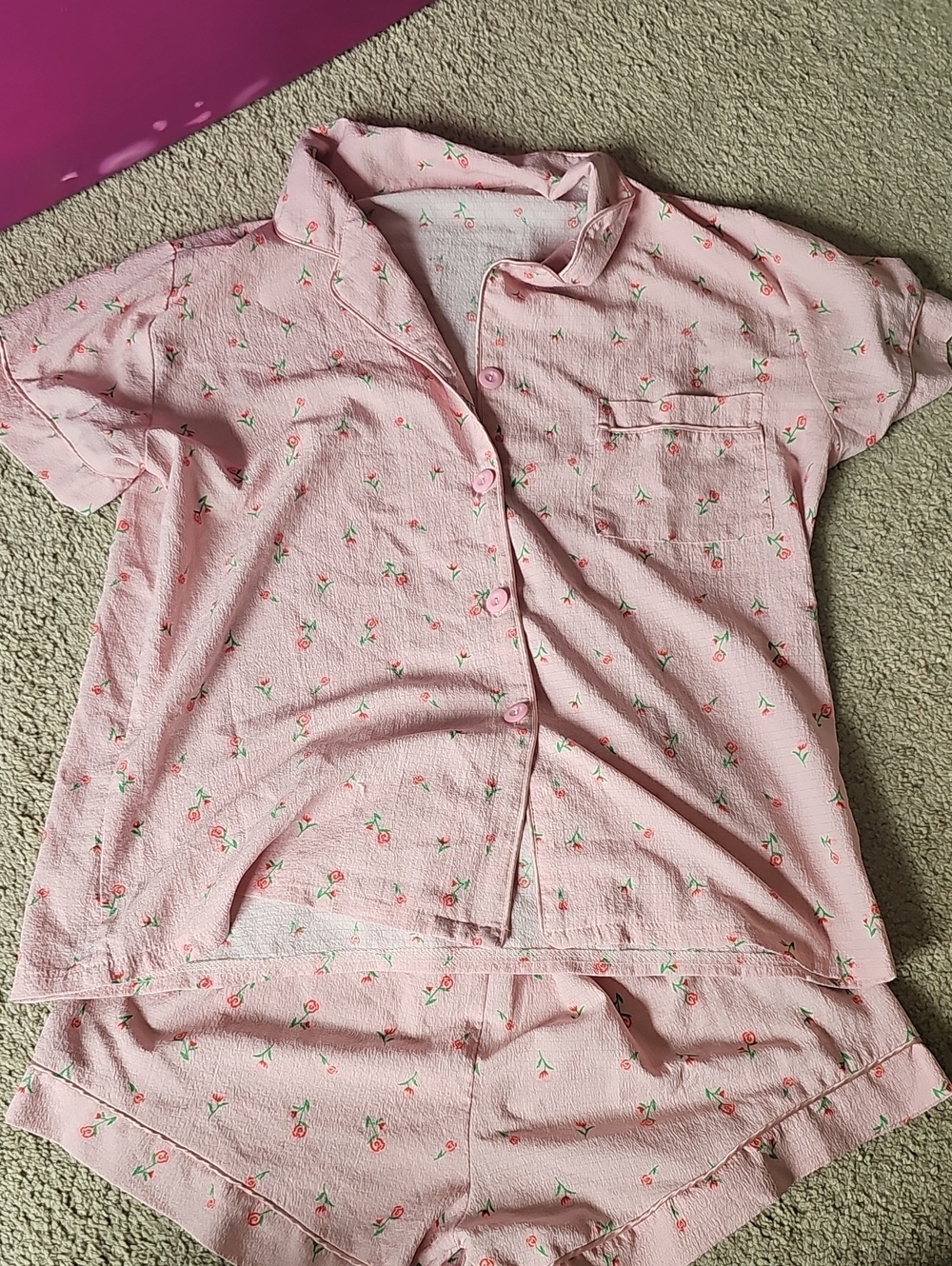 Pink Floral Button-Front Pajama Top & Shorts Set